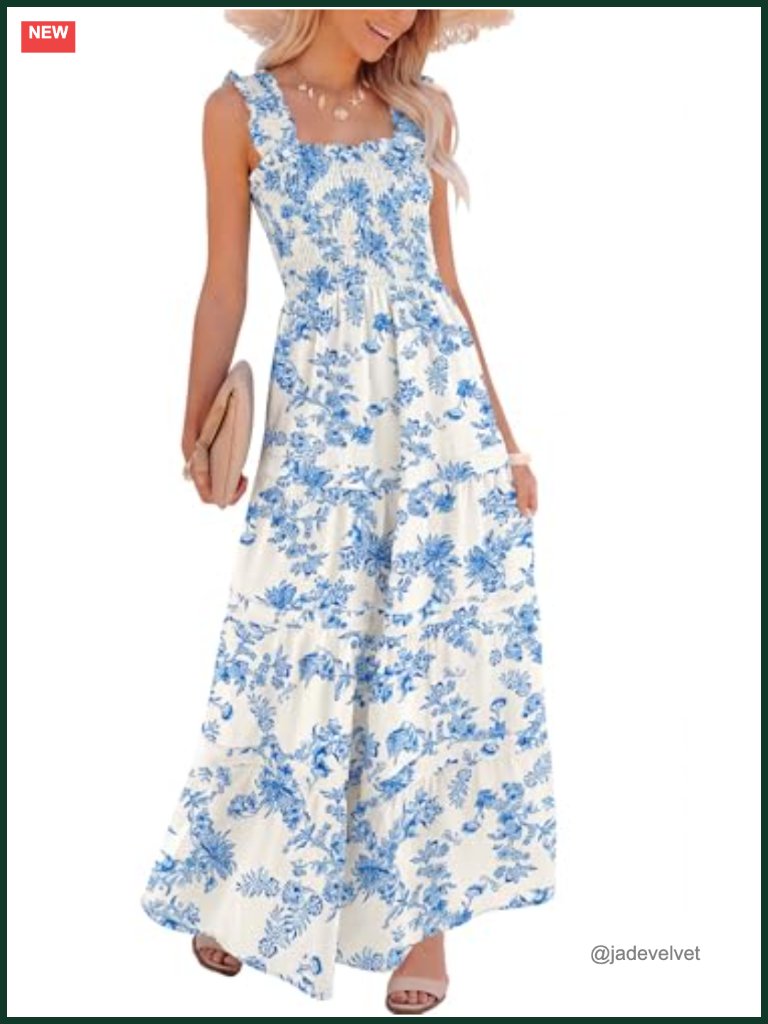 Women's Sleeveless Square Neck Maxi Dress Smocked Ruffled Boho Flowy A-Line